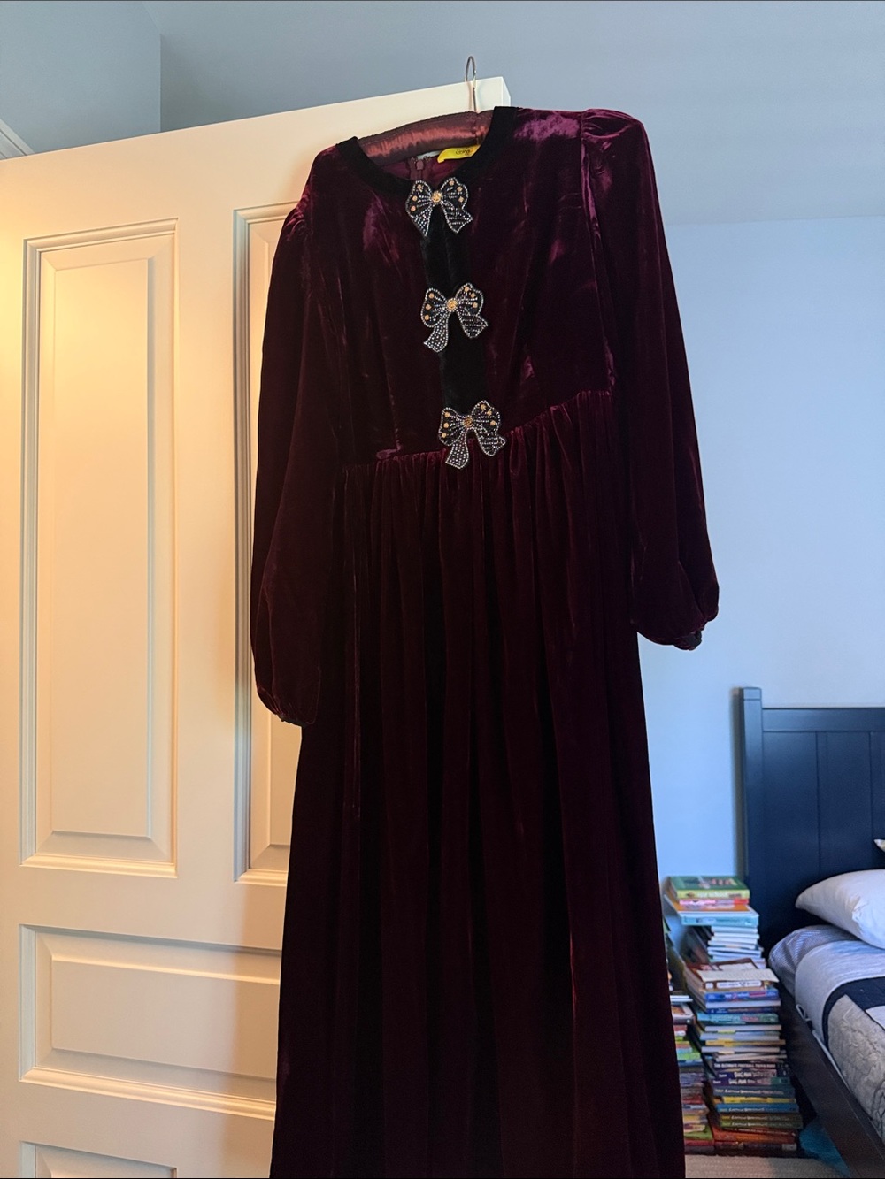 Velvet Maxi Dress with Bow Accents - Deep Plum